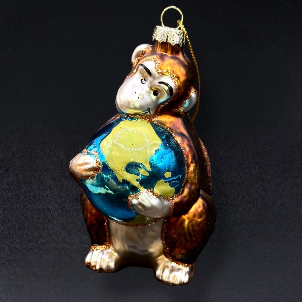 Monkey Hugging the Earth Globe Christmas Ornament Brown Gold Blue 4 in USA Decor